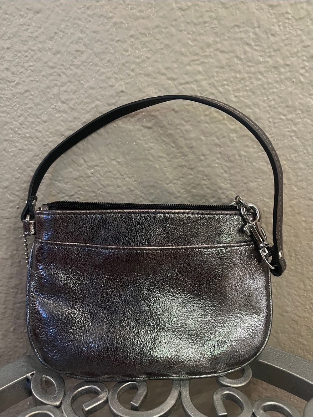 Coach Metallic Pewter Leather Wristlet Bag - Women's Accessory